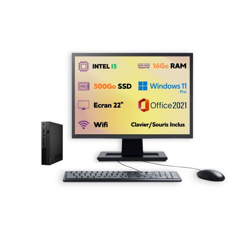 PC Ultra Mini Intel Core i5 Windows 11 Pro SSD 500Go RAM 16Go Wi-Fi Écran 22'' Ordinateur Bureau Compact Reconditionné