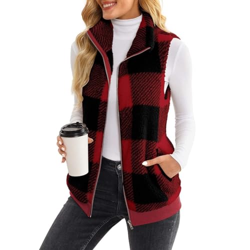 Womens Fashion Plaid Fleece Vest Casual Fuzzy Sleeveless Fuzzy Sherpa Vest Fluffy Zipper Jacket Warm Outerwear4