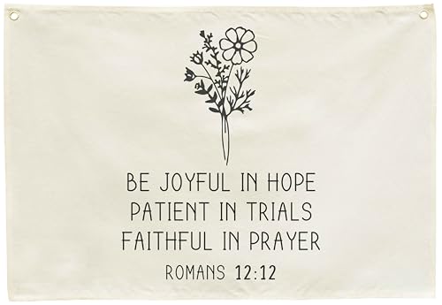 Rectangular Christian Bible Verse Scripture Canvas Banner Wall Decor-Flag Wall Sign for Baby Boy Girl Kid,Nursery Bedroom Nursery Decor,Baby Shower Baptism Christmas Gift-Be Joyful in Hope Patient