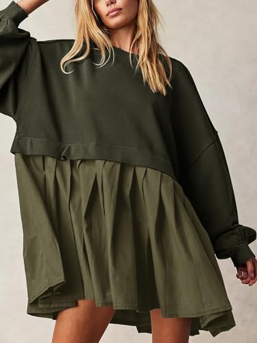Image of Dokuritu Sweatshirt Dress Women Crew Neck Long Sleeve Patchwork Pullover Tops Flowy Oversized Sweatshirt Mini Dress