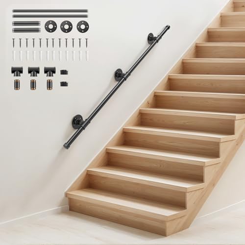 Handrails for Stairs SenDeluz 1.2M Metal Stair Handrail for Indoor Outdoor Wall Mounted Handrail Non-Slip Galvanized Iron Industrial Pipe Stair Rail for Wear-Resistant Corrosion-Resistant