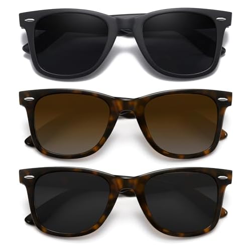 MEETSUN Retro Polarized Sunglasses for Women Men Classic Mirror Lens Driving Sun Glasses 100% UV Protection 3 Pack Black Leopard Brown Grey