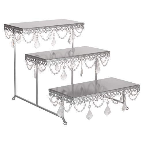 Amalfi Decor 3 Tier Dessert Cupcake Stand, Rectangular Metal Plate Tower Tray Holder with Crystals, Silver