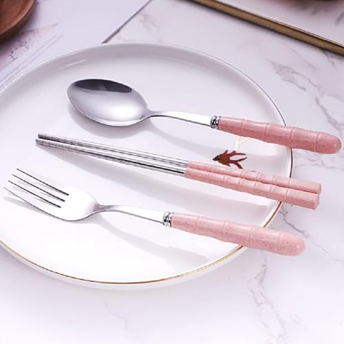Image of INOVERA (LABEL) 3 Pieces Cutlery Set of Spoon, Fork, Chopsticks - Reusable Tableware Cutleries with Case - Dining Accessories Sets for Travel, Office, Home (Pink)