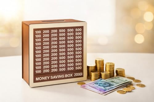 Image of Dr.MASHUR Wooden Money Saving Challenge Box with Printed Amount Board for Cash and Coin Collection, Reusable Saving Box for Kids and Adults (Pen 2lakh Money Box, 1, Count)