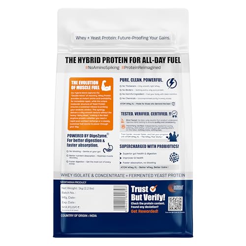 Image of AS-IT-IS ATOM Whey Protein XL, Double Rich Chocolate, 1kg - with DigeZyme & Fermented Yeast Protein I High Absorption, Supports Muscle Growth, Recovery & Strength - Hybrid Protein for All Day Fuel