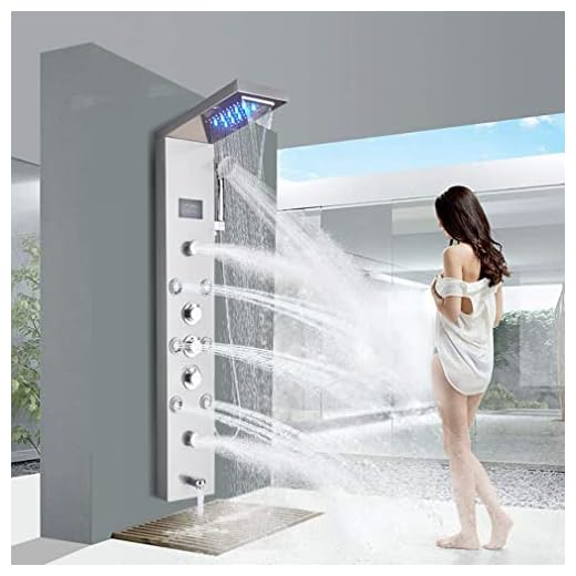 FUZ Contemporary Shower Panel Tower System Stainless Steel 6-Function Faucet LED Rainfall Waterfall Shower Head + Handheld Sprayer + Rain Massage Body Jets + Tub Spout,Brushed Nickel