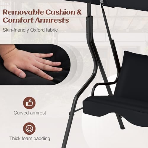 Image of Tangkula 3 Person Porch Swing, Patio Swing with Removable Cushion & Powder-Coated Steel Frame, Outdoor Swing with Canopy for Porch, Backyard, Garden, Balcony (Black)