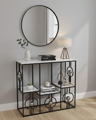 Image of Console Table with Storage, Modern Engineered Wood, Gold Metal Frame with Decorative Spheres, 30x30x7.5 Inch (Black White)