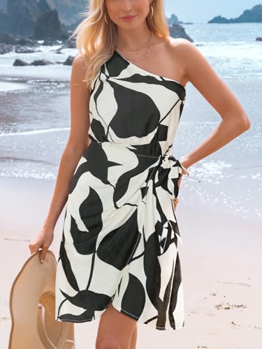 Image of CUPSHE Women's One Shoulder Leaf Print Self-tie Short Dress Sleeveless Tiered Hem Formal Dress Casual Mini Dress