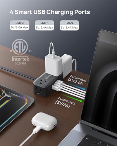 TROND 360° Rotating Flat Plug Power Strip, 5FT Extension Cord with 4 USB Ports, 4 Wide Spaced AC Outlets, Wall Mount, 900J Surge Protector for Office Travel Dorm Room Essentials, Black