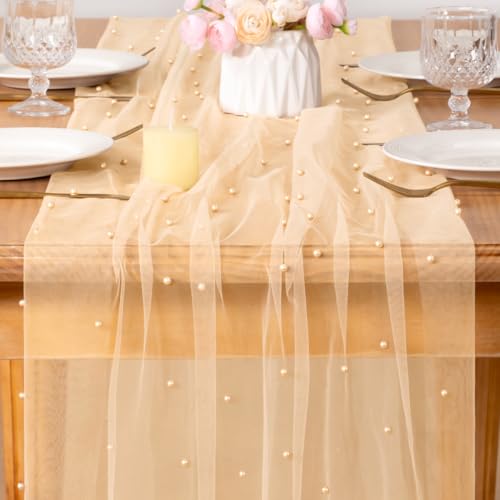 Image of MLMC Champagne Pearl Table Runner Boho Rustic Tulle Table Runner with Pearls 10ft 29 inchx120 inch Cheesecloth Table Decor for Wedding Bridal Shower Anniversary Home Decoration