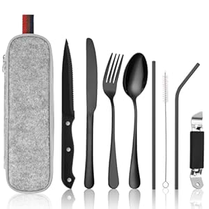 HOTUT Set di Posate Acciaio Inox, 9 Pezzi Posate Da Campeggio Kit con Borsa Portaoggetti, Posate Da Viaggio con Cucchiaio Forchetta Coltello Tavola Coltello Bistecca Bacchette Cannucce Spazzola, Nero