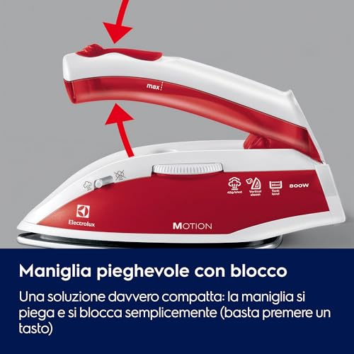 Electrolux EDBT800 Perfect Motion, Ferro da Stiro a Vapore da Viaggio Compatto, 800 W, Piastra Inox Resistente, Doppio Voltaggio 120-240 V, Manico Pieghevole, Leggero 920 g, Rosso - Immagine 3