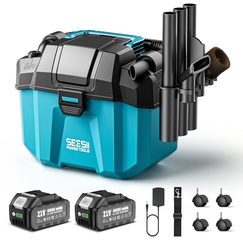 Seesii Cordless Shop Vac Wet and Dry, 2.6 Gallon Small Shop Vac with Accessory Storage Holder, 2 x 4.0Ah Batteries, 3-in-1 Wet Dry Vacuum with HEPA Filter, Strap, Ideal for Garage, Car, Work