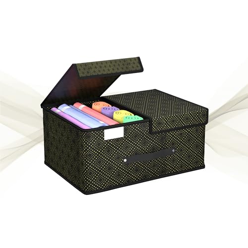 Image of Kuber Industries Non-Woven (Pack of 2) Cloth Organizer for Wardrobe (Small) Foldable Storage Box with Double Lid | Drawer Organiser | Golden Dot | Black