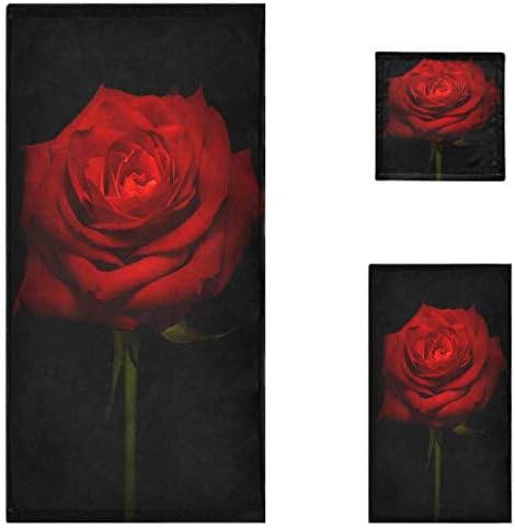 Naanle 3D Beautiful Red Rose Print Soft Luxury Decorative Set of 3 Towels, 1 Bath Towel+1 Hand Towel+1 Washcloth, Multipurpose for Bathroom, Hotel, Gym, Spa and Beach(Black)