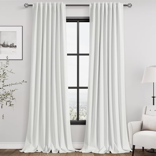 Image of Off White 100% Blackout Linen Curtains for Bedroom 120 Inches Long Back Tab Rod Pocket Thermal Insulated Modern Black out Curtain for Living Room Floor to Ceiling High Window 52x120, 2 Panels