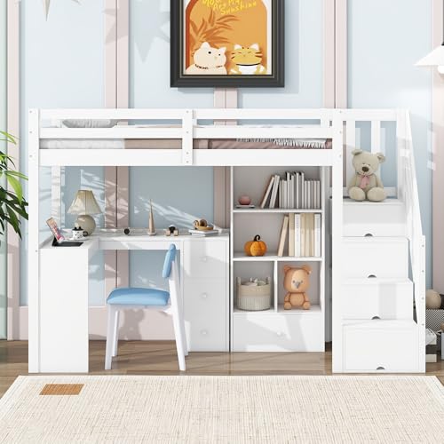 Sapgaks Lit Mezzanine Enfant 90x200 avec Bureau,Placard de Rangement Ouvert,échelle de Rangement,tiroirs,étagères,lit superposé,Cadre de lit Enfant 90x200 avec...