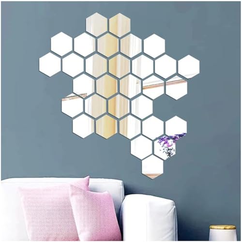 Image of Wall1ders 20 Hexagon with 10 Butterfly Silver (Hexagon Size 10.5 x 12 cm) Hexagon Mirror wall Stickers, Hexagonal Mirror wall Sticker for Hall Room, Living Room, Bed Room, Kitchen, Home & Offices.