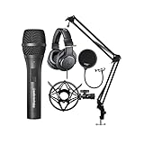 Audio-Technica AT2005 - Micrófono dinámico cardioide USB con auriculares Audio Technica ATH-M20X, soporte de estudio Knox Gear soporte de choque y paquete de filtro pop (5 artículos)