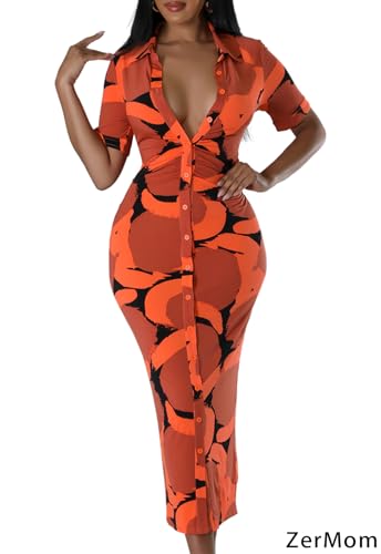 Image of ZERMOM Women's Button Down Shirt Dress Short Sleeve Print Collar V Neck Summer Bodycon Midi Dresses