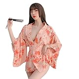 SENJIY sexy kimono lingerie for women robe costume cosplay outfit Perspective Cute open front Deep V-Neck Floral Pattern short dress japanese Yukata Anime Side Slit suit Sleepwear Pajamas set pink