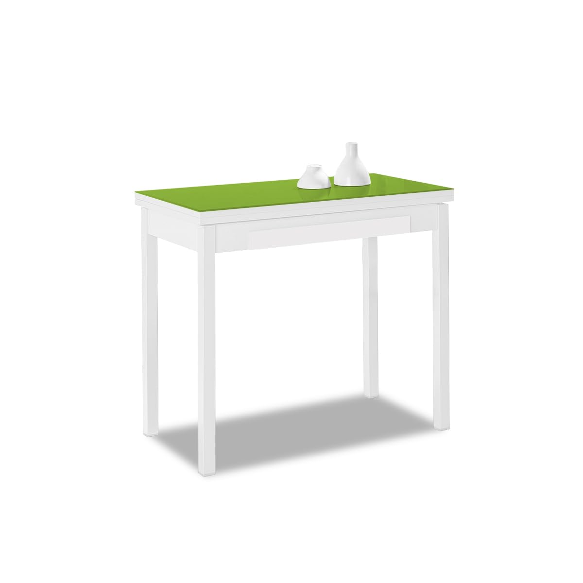ASTIMESA - Mesa de Cocina Tipo Libro - Mesa con Tapa de Cristal en Color Verde - Estructura Blanca- Ideal para Espacios Pequeños - Medida Cerrada: 90 cm x 50 cm. Medida Abierta: 90 cm x 100 cm.
