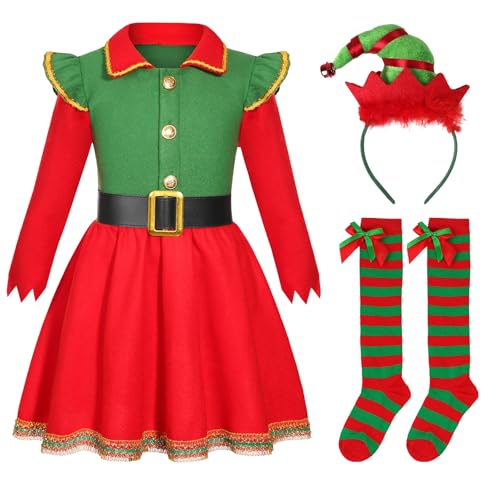 TAGVO Disfraz de Elfo de Navidad para Niños Niñas, Conjunto de 3 Piezas de Vestimenta Navideña con Diadema y Calcetines Navideños, Disfraz de Elfo Niñas Ropa Festiva Mascarada Cosplay Carnaval