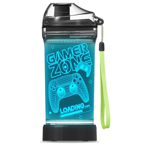 YuanDian Gamer Zone Water Bottle for Boys, Controller 7 Color Lights 3D Light up Drinking Cups Gifts for Gamers Men, BPA Free & Leak Proof Flip Top Lid & Easy Clean & Carry Handle, 14oz/ 400ml