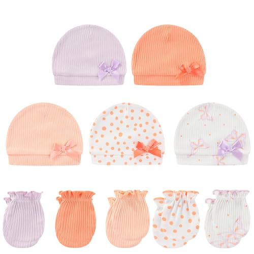 Image of MAMIMAKA Baby Hat and Mittens Set Cotton Newborn Baby Hats Caps for Boys and Girls, 0-6 Months