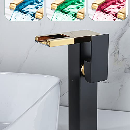 Bathroom Vessel Led Faucet Black& Gold 3 Color Changing Waterfall Single Handle One Hole Bowl Sink Faucet Vanity Lavatory Deck Mount Mixer Tap With Pop Up Drain Without Overflow And Supply Lines #TOP3