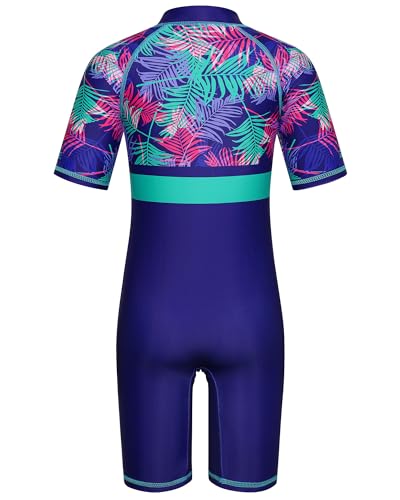 Image of TFJH E 1PCS Girls Short Sleeve Swimsuits UV 50+ Bathing Suits Sunsuits Zipper 2-14Y