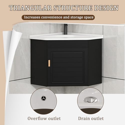 Compact Corner Bathroom Sink, Triangular Wall Hung Ceramic Wash Basin with Storage Container, Toilets and Vanity Cabinets