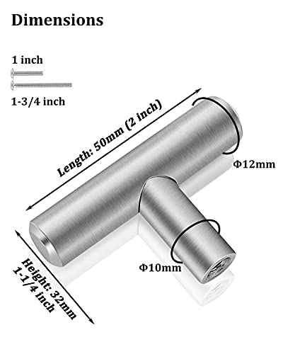 Gobrico Single Hole Cabinet Knobs Brushed Nickel Drawer Pulls, Stainless Steel T Bar Knobs, One Hole Dresser Drawe Handles, Overall Length 2"/50mm, - 50 Pack