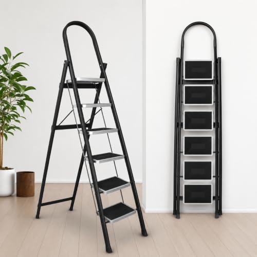 Image of TEKCOOL Ladder for Home 6 Steps Foldable with Built-in Tool Tray | Heavy Duty D Shape Rods | 20 x 30cm Large Platform | Wide Rubber Feet | Secure Lock | 150Kg Capacity