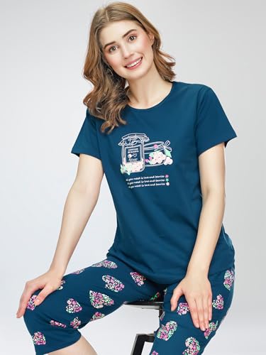 Image of ZEYO Night Suit for Women's Heart Printed Cotton Night Dress of Top and Capri Set 5747