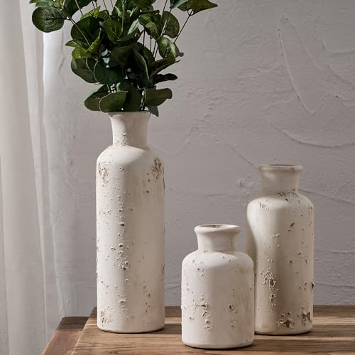 SIDUCAL Ceramic Rustic Farmhouse Vase Set of 3, Whitewashed Terracotta Vase, Clay Decorative Vases for Home Decor, Living Room, Shelf, Mantel Decoration(Rustic White) SIDUCAL Ceramic Rustic Farmhouse Vase Set of 3, Whitewashed Terracotta Vase, Clay Decorative Vases for Home Decor, Living Room, Shelf, Mantel Decoration(Rustic White)