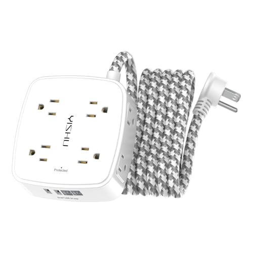 Image of Surge Protector Power Strip - YISHU 8 Outlets with 4 USB (2 USB C) Charging Ports, 10Ft Braided Extension Cord, Flat Plug Multi Plug Outlet Extender Charging Station for Home Office, ETL, White
