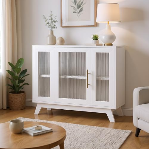 Image of 36 inch Sideboard Buffet Cabinet with Storage, Contemporary Farmhouse Kitchen Sideboard with Glass Doors & Adjustable Shelves for Dining Room & Living Room