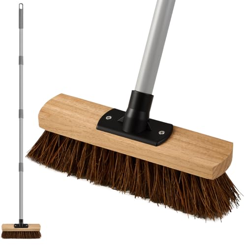 Mitclear 10IN Outdoor Garden Broom Heavy Duty with Long Handle(55IN), Yard Sweeping Brush with Natural Bassine Hard Bristle & Metal Poles, Stiff Broom for Decking, Driveway, Garage, Garden, Yard