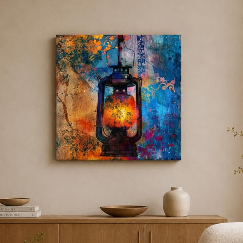 Image of PAINTINGMANTRA Vintage Lantern Artwork Stretched Canvas Painting for Living Room | Rustic Abstract Lantern Wall Decor Art For Livingroom, Bedroom, Office, Hallways - 16x16 Inch