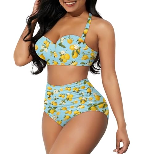 Suobstales Conjunto de biquíni de cintura alta para mulheres, duas peças, gola V, roupa de banho com