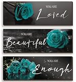 ZINYAZHE 3 Pieces Teal Wall Decor Inspirational Teal Roses Bathroom Decor Wooden Wall Art Positive Quotes You Are Loved You Are Beautiful You Are Enough for Teen Girls Women Office Bedroom(12 x 4 In)