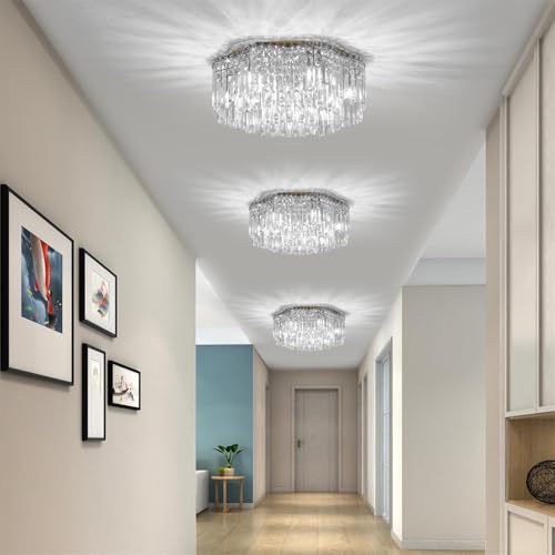 Flush Mount Crystal Chandelier, 24 inch Modern Crystal Ceiling Lights with Warm White Light Bulb (2700K), Flush Mount Small Gold Chandeliers Light Fixtures for Bedroom Living Room Hallway Entryway by Kuailkag - Used condition - Image 9