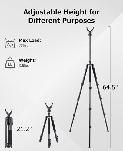 Trakiom Shooting Tripod Hunting Stick, Rifle Tripod with 360° Swivel V Yoke, Height Adjustable 26.5\"- 64.5\", Lever Locks, Aluminum Hunting Bipod Monopod, Functional Gun Rest for Outdoor Activities