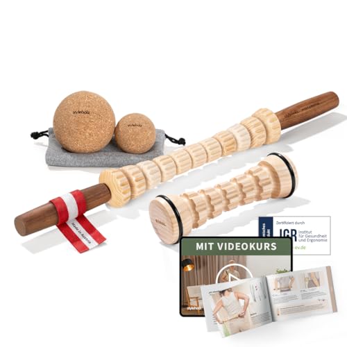 styleholz® Faszientraining STARTER-SET [DAS ORIGINAL aus Österreich] – Komplett Paket für tägliche Faszien-Routine – Faszienstab aus Holz, Faszienbälle & Fußroller + gratis Übungshandbuch