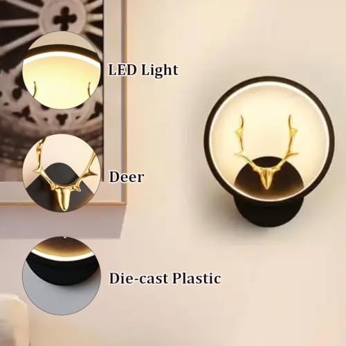 Image of fizzytech LED Deer Design Wall Light, 20 cm Round Decorative Wall Lamp, Black & Gold Finish with 3 Colour Changing Modes for Bedroom, Living Room & Hall