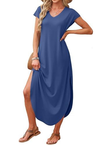 Image of RUMIA Summer Maxi Dresses for Women Cap Sleeve Long Sundress with Pockets