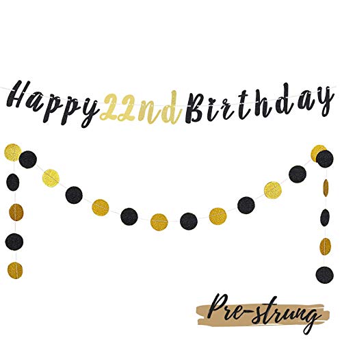 LASKYER Happy 22nd Birthday Decoration Set - 22nd Bday Banner with Black & Gold Glitter Circle Dots Cheers to 22 Years Old Birthday Party Decorations.[Pre - Strung]